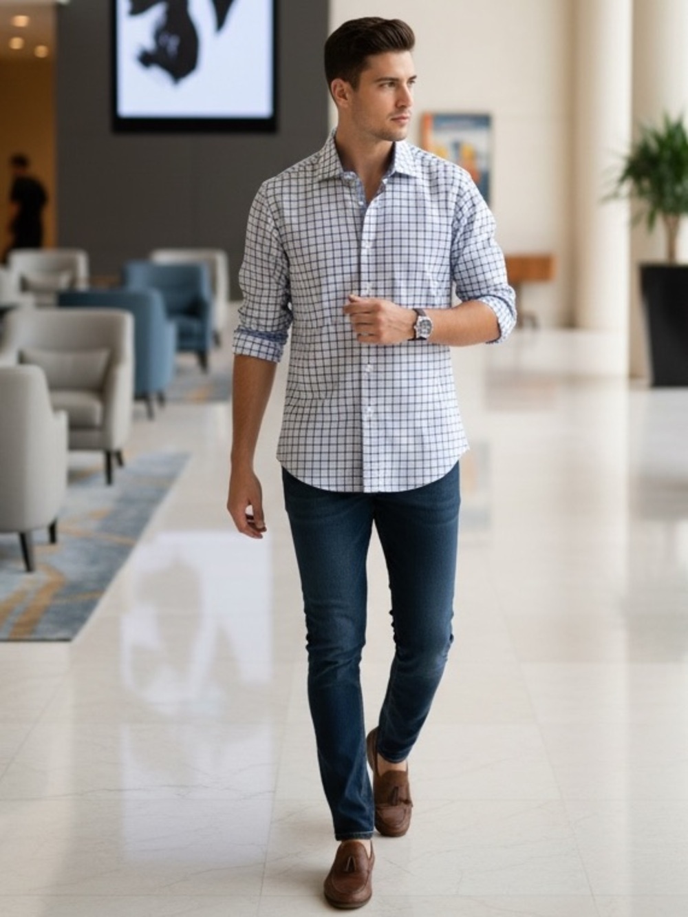 English Laundry Cotton Check Dress Shirt Blue White 15 32/33
